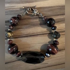Barse Tiger Eye and Smoky Quartz Bronze Toggle Bracelet 8”